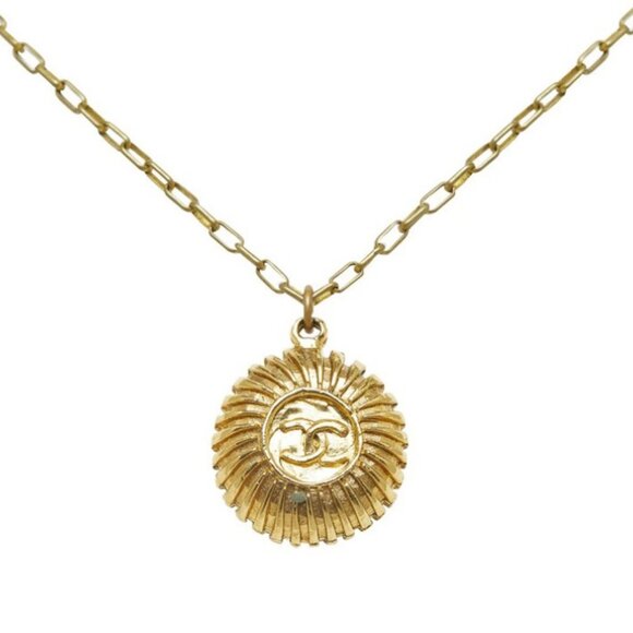 CHANEL CC Logo Round Vintage Necklace 17" Gold Tone Auth w/Box D-228-3 - Picture 1 of 5